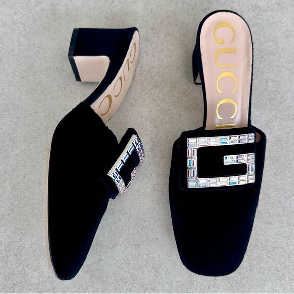 Gucci Madelyn Velvet Crystal Square G Mules Black Block Mid Heel EU 37.5 US 7.5 - Picture 4 of 11